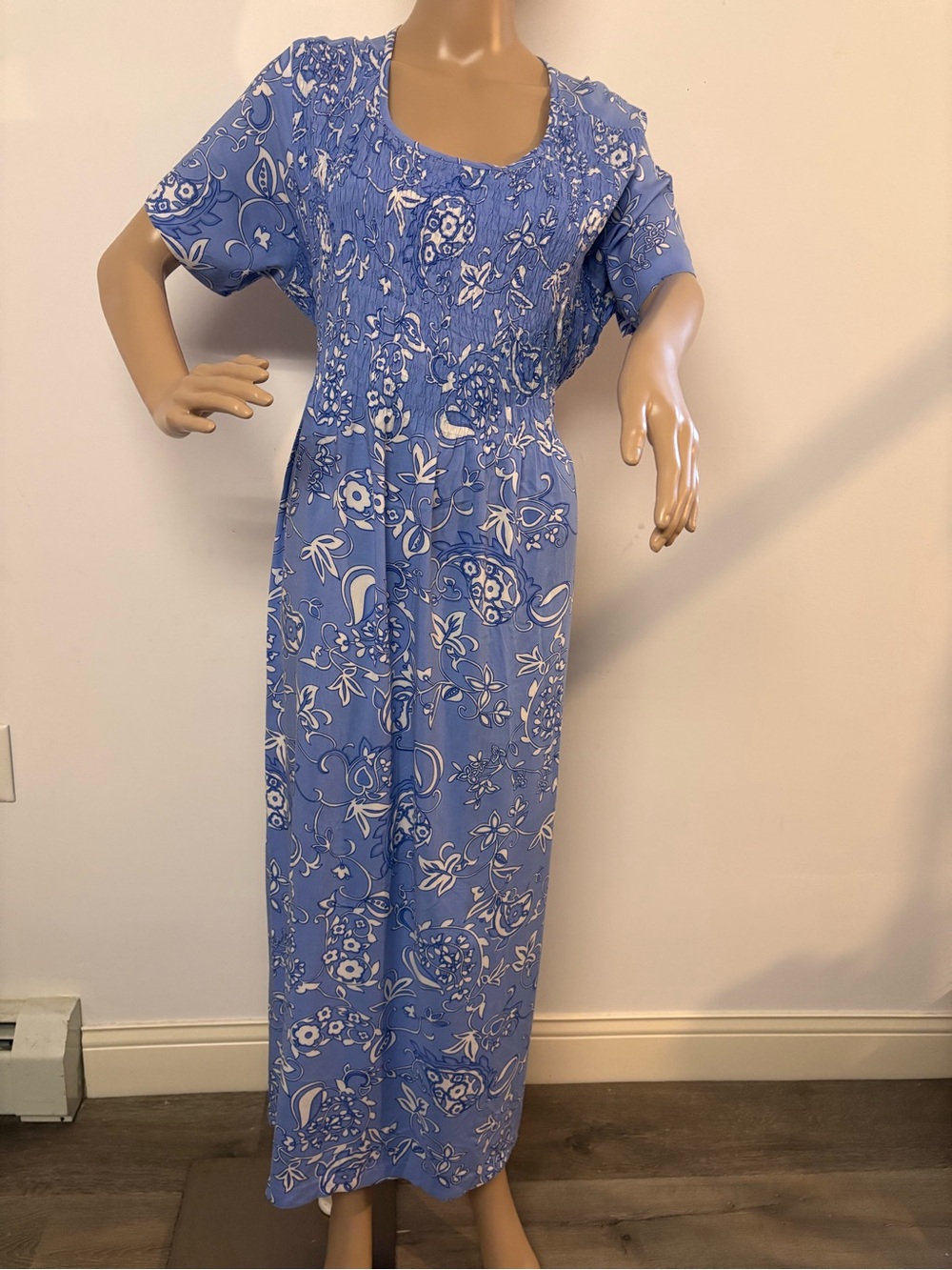 Erika Blue and White Floral Smocked Maxi Dress